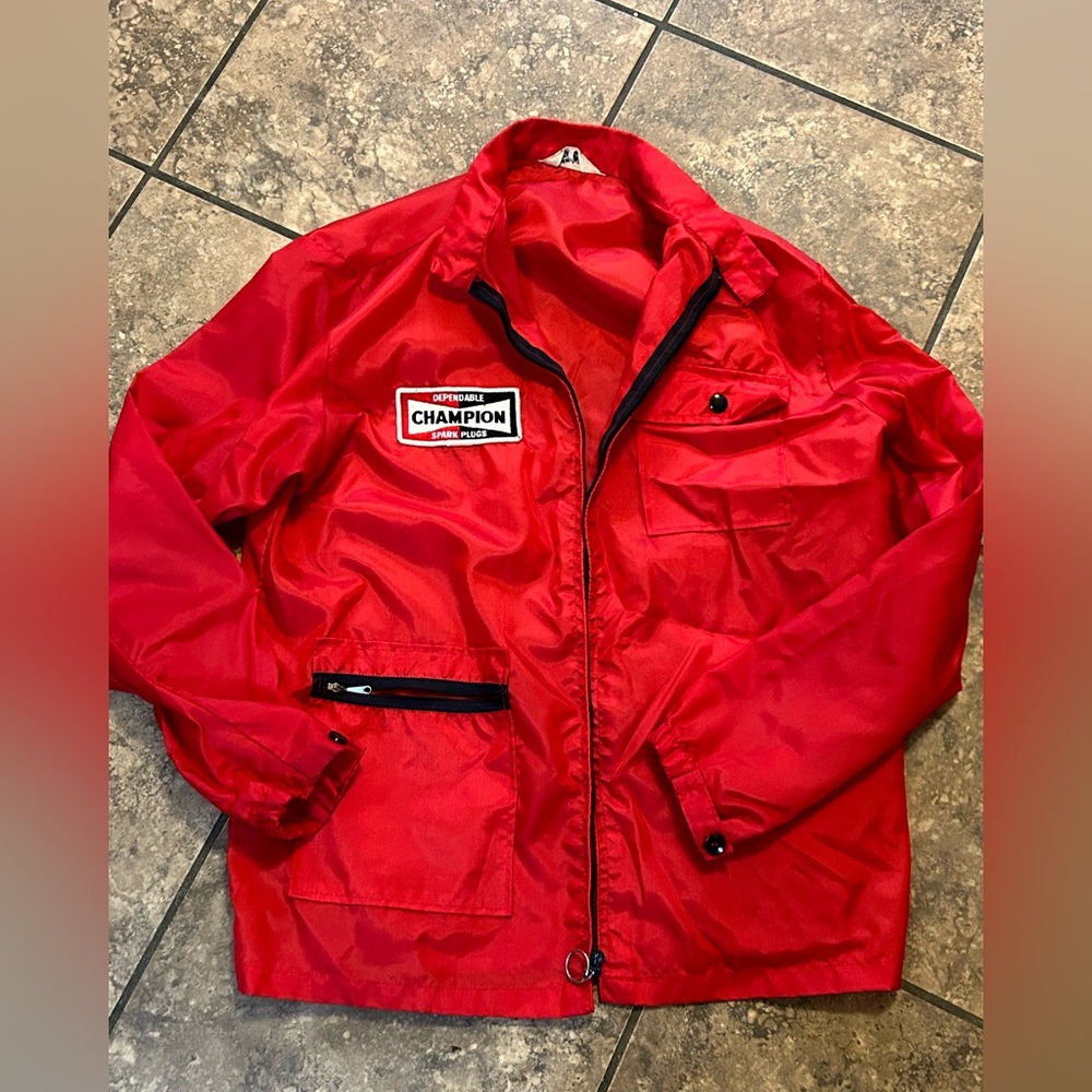 Vintage Swingster Red Champion Spark Plug Themed Jacket: Regular Size